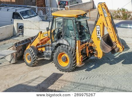 Limassol, Cyprus - November 4, 2018: Large Yellow Jcb Tractor On A Building Site. Vehicle Is Large I