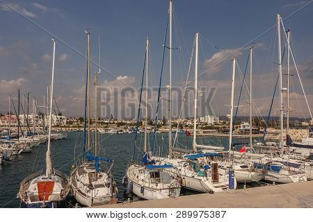 Zygi, Cyprus - November 7, 2018:  View Of The Habour At Zygi Looking Back Towards The Village.  Shot