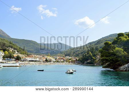 Paxos Harbour, Greece - October 01, 2017 : Paxos Beach A Small Island South Of Corfu A Greek Island 