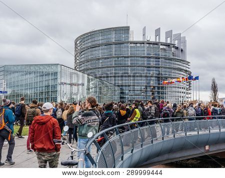 Strasbourg, France - Mar 15 2019: Protesters At The Bridge Near European Parliament During Demonstra