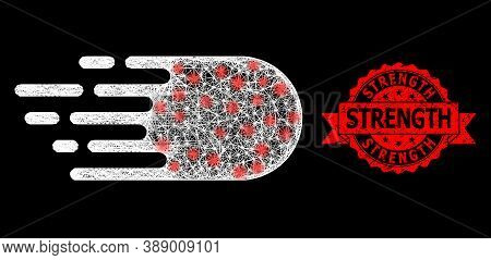 Glare Mesh Polygonal Electron Flight With Light Spots, And Strength Textured Ribbon Stamp. Red Stamp