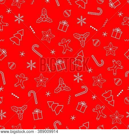 Christmas Vector Seamless Pattern With Gift And Snowflake, Present, Tree Icon On Red Background For