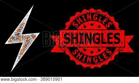 Glowing Mesh Polygonal Electric Strike With Lightspots, And Shingles Textured Ribbon Stamp Seal. Red