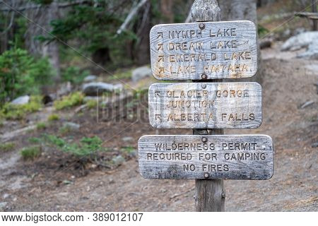 Trailhead Signs For Various Hikes In The Bear Lake Area Of Rocky Mountain National Park