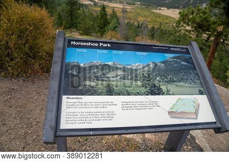 Colorado, Usa - September 19, 2020: Sign Posterboard For Horseshoe Park, A Meadow In A Floodplain In