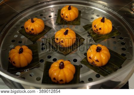 Steamed Halloween Cake Or Kueh In Pumpkin Shape