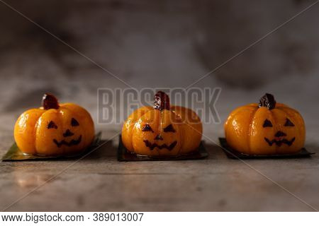 Steamed Halloween Cake Or Kueh In Pumpkin Shape