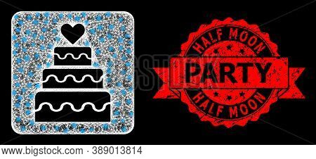 Glare Mesh Polygonal Marriage Cake With Lightspots, And Half Moon Party Grunge Ribbon Stamp Seal. Re