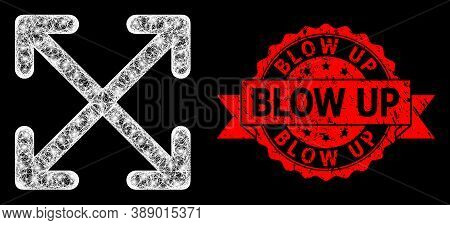 Glowing Mesh Polygonal Enlarge Arrows With Light Spots, And Blow Up Grunge Ribbon Seal Print. Red St