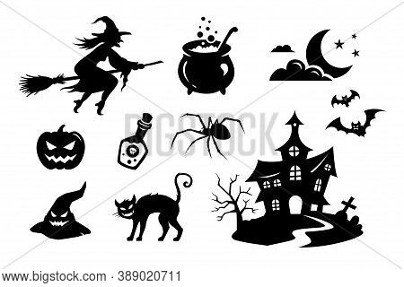 Set Of Black Silhouettes Of Monsters, Creatures And Elements For Halloween.