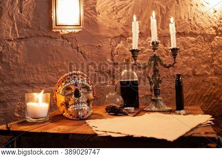 Photo Zone In The Studio For Halloween. Dramatic Scenery For All Saints Day Celebrations. The Skull 