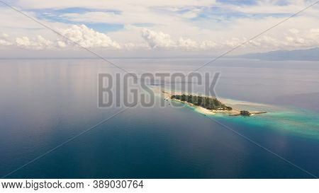 Little Liguid Island With Beautiful Beach, Palm Trees By Turquoise Water View From Above. Little Cru