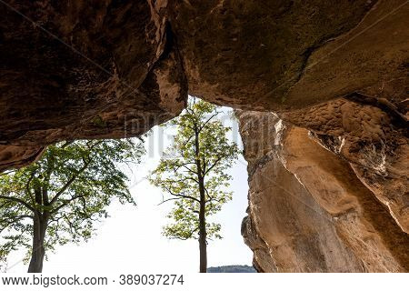 Rock Cave With The Name Kuhstall In Saxon Switzerland. Germany