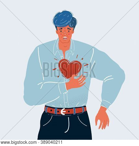Vector Illustration Of Man Hold His Hand On His Chest. Heart Pain. Aching Place. Attack Symptom. Inf