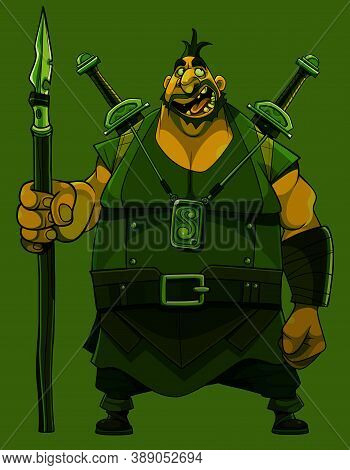 Funny Cartoon Viking Warrior With Spear In His Hand And Swords Behind His Back