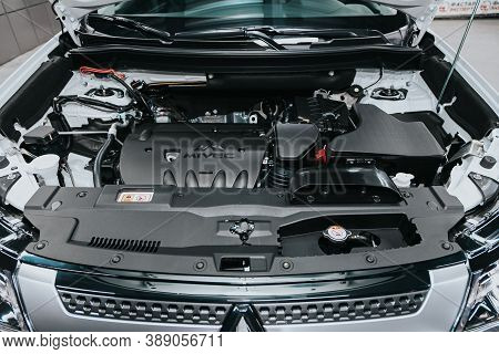 Novosibirsk, Russia - October 08, 2020: Mitsubishi Outlander, Close Up Of A Clean Motor Block. Inter