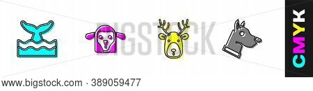 Set Whale Tail In Ocean Wave, Sheep Head, Deer With Antlers And Dog Icon. Vector