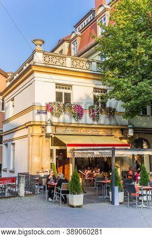 Weimar, Germany - September 22, 2020: Colorful Restaurant In The Schillerstrasse Street In Weimar, G