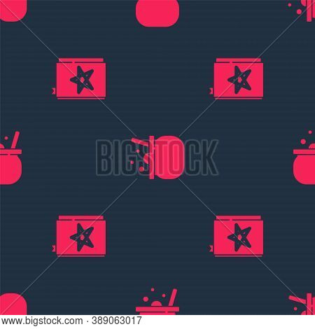Set Ancient Magic Book And Halloween Witch Cauldron On Seamless Pattern. Vector