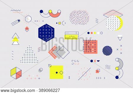Memphis Elements. Retro Geometric Shapes And Graphic Elements With Lines And Patterns For Advertisem