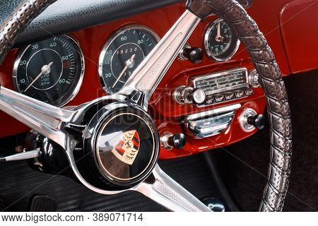 Toronto, Canada - 08 18 2018: Steering Wheel With Logo On Horn Button, Dials And Knobs On Front Pane