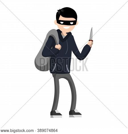 Man With Knife Extorting Money. Problem Of Urban Security.
