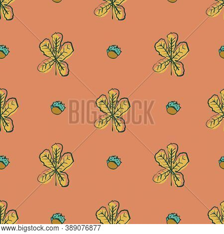 Horse Chestnut Leaves And Conkers Seamless Vector Pattern. Autumnal Surface Print Design For Fabrics