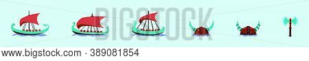 Set Of Viking Ship Modern Cartoon Icon Design Template With Various Models. Vector Illustration Isol