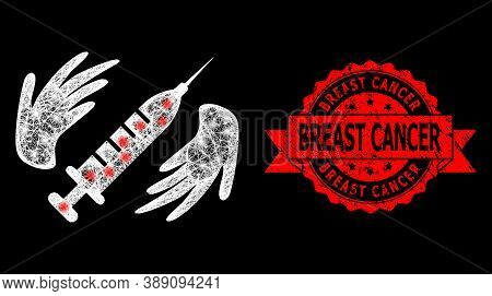 Glare Mesh Network Vaccine Care Hands With Lightspots, And Breast Cancer Textured Ribbon Stamp Seal.