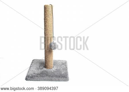 Isolated Scratching Post On A White Background . Pet Products. Grey Scratching Post. Games For Anima