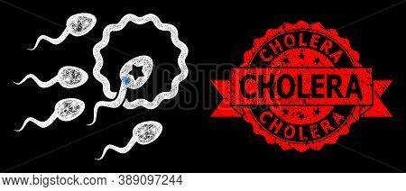 Bright Mesh Net Sperm Insemination With Glowing Spots, And Cholera Rubber Ribbon Stamp Seal. Red Sea