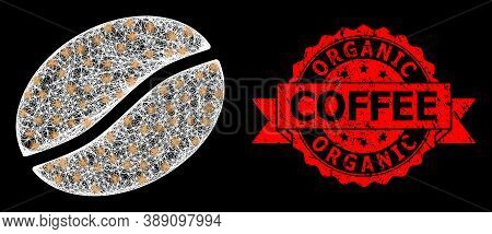 Bright Mesh Network Coffee Bean With Glowing Spots, And Organic Coffee Rubber Ribbon Stamp Seal. Red