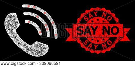 Glowing Mesh Polygonal Phone Call With Glowing Spots, And Say No Scratched Ribbon Seal Imitation. Re
