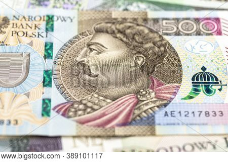 Macro Photo Of The Front Side Of A Rare Polish 500 Zloty Banknote, Close-up On The Portrait Of Jan I