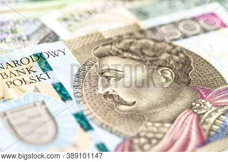 Macro Photo Of The Front Side Of The Rare Polish 500 Zloty Banknote, Close-up On The Profile Of Jan 