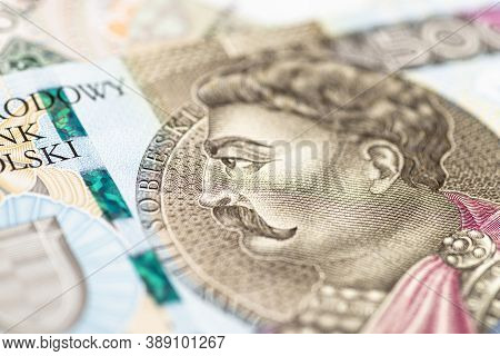 Macro Photo Of The Front Side Of The Rare Polish 500 Zloty Banknote, Close-up On The Profile Of Jan 