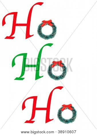 The words HoHoHo spelled out with type and a christmas wreath. Vertical format over white.
