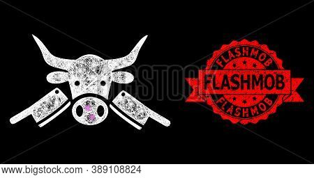 Bright Mesh Polygonal Butchery With Light Spots, And Flashmob Rubber Ribbon Stamp Seal. Red Stamp Se