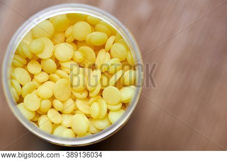 Wax Beans In Box For Hair Removal. Pearl Wax For Depilation Woman Legs Or Bikini Areas. Allergen Fre