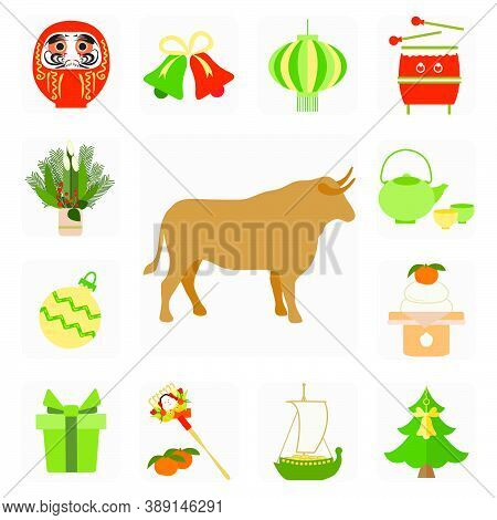 Symbols Of The Japanese New Year 2021 Ox, Daruma, Asian Lantern, Kettle, Cups, Food, Rake, Tangerine