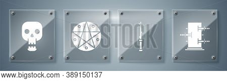 Set Trunk For Magic Tricks, Magic Wand, Pentagram In A Circle And Skull. Square Glass Panels. Vector
