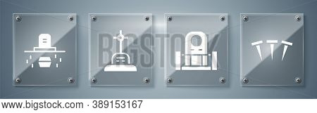 Set Metallic Nails, Grave With Tombstone, Grave With Cross And Grave With Coffin. Square Glass Panel