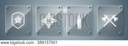 Set Crossed Medieval Axes, Bullet, Japanese Ninja Shuriken And Police Badge. Square Glass Panels. Ve