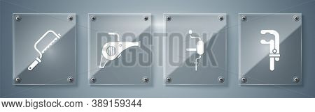 Set Clamp Tool, Hand Drill, Leaf Garden Blower And Hacksaw. Square Glass Panels. Vector