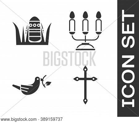 Set Christian Cross, Easter Egg, Peace Dove With Olive Branch And Candelabrum With Candlesticks Icon