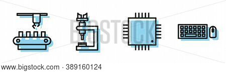 Set Line Processor With Microcircuits Cpu, Factory Conveyor System Belt, Microscope And Keyboard And