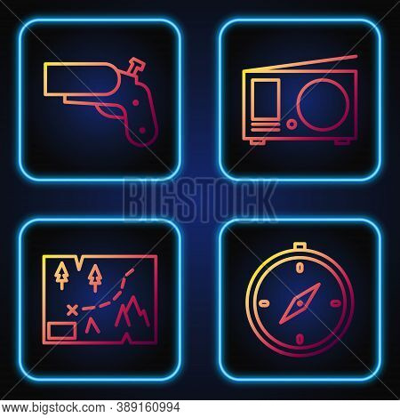 Set Line Compass, Folded Map With Location, Flare Gun Pistol And Radio With Antenna. Gradient Color 