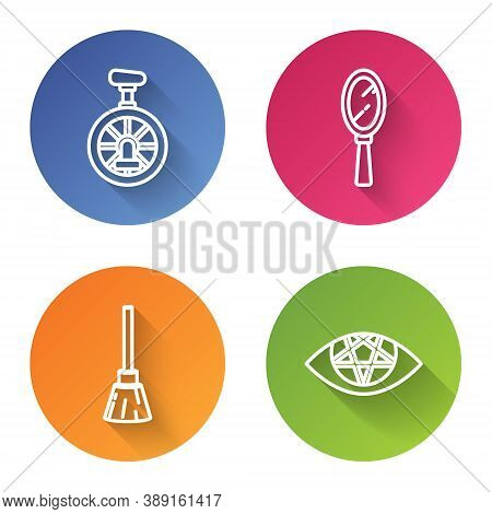 Set Line Unicycle Or One Wheel Bicycle, Magic Hand Mirror, Witches Broom And Pentagram. Color Circle