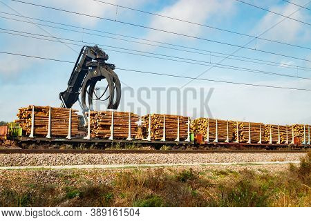 Kouvola, Finland - 24 September 2020: Unloading Of Timber From Railway Carriages At Paper Mill Stora