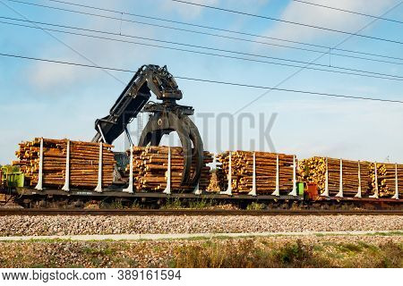 Kouvola, Finland - 24 September 2020: Unloading Of Timber From Railway Carriages At Paper Mill Stora